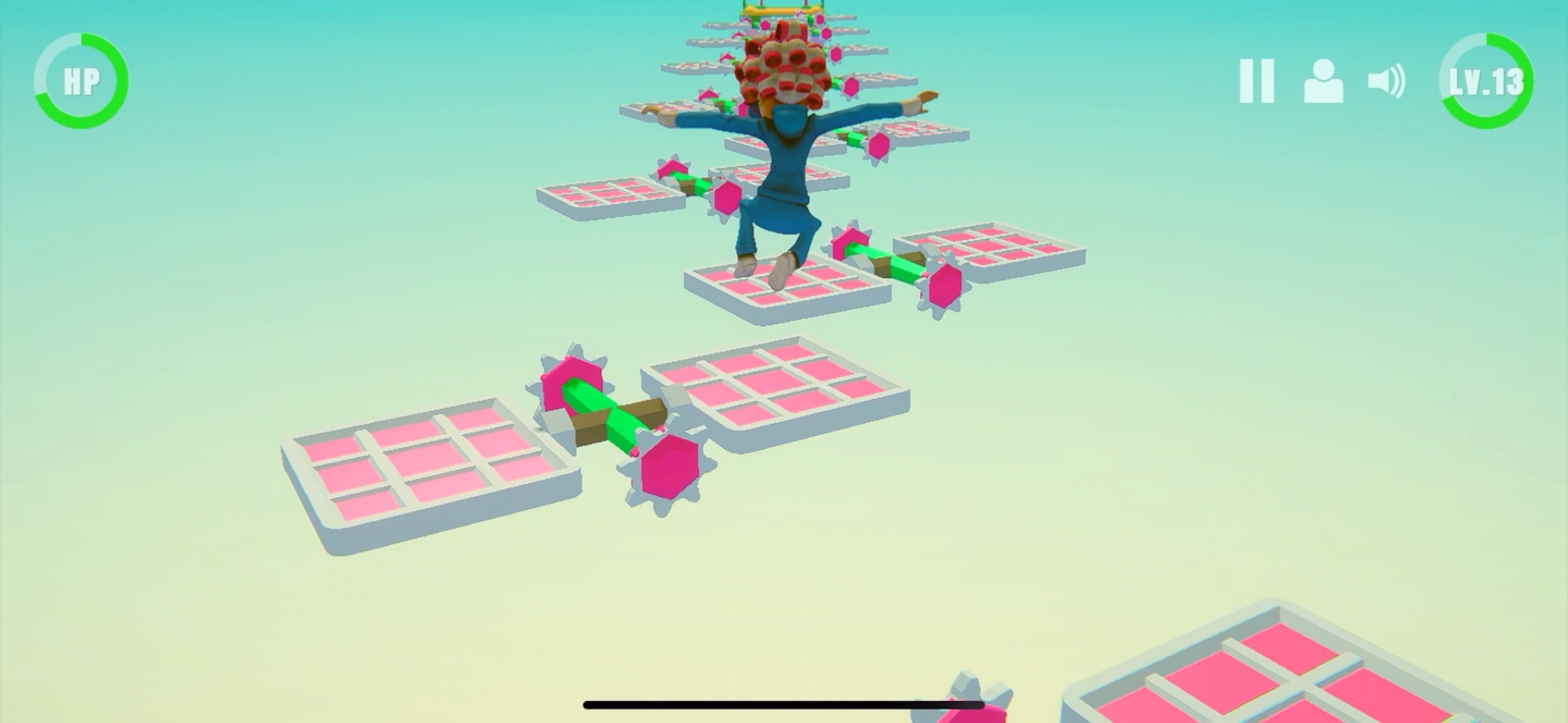 Sky Run gameplay screenshot showing Claire jumping on twisting platforms